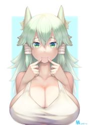 Rule 34 | 1girl, absurdres, animal ear fluff, animal ears, artist name, breasts, cat ears, cleavage, dated, finger to mouth, fingersmile, green background, green eyes, green hair, hair between eyes, highres, huge breasts, long hair, looking at viewer, na arva, original, sidelocks, smile, solo, tank top, upper body, white tank top