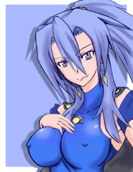 Rule 34 | 1girl, blue background, blue eyes, blue hair, breasts, cape, clair (pokemon), covered erect nipples, creatures (company), earrings, female focus, game freak, hair between eyes, hand on chest, high ponytail, jewelry, large breasts, long hair, looking at viewer, nintendo, pokemon, pokemon gsc, ponytail, simple background, skin tight, solo, tony man+