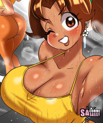 Rule 34 | 1girl, absurdres, armpits, ass, bare shoulders, blush, breasts, brown eyes, brown hair, cleavage, dark-skinned female, dark skin, dripping, earrings, eyelashes, highres, jewelry, large breasts, lips, looking at viewer, mario (series), multiple views, nervous sweating, nintendo, one eye closed, ponytail, princess daisy, sasa tseng, sidelocks, smile, steam, super mario land, sweat, sweaty clothes, teeth, very sweaty, weights, wet, wet clothes