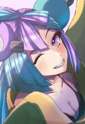 Rule 34 | 1girl, black bra, blue hair, blush, bow-shaped hair, bra, breasts, character hair ornament, cleavage, creatures (company), from above, game freak, hair ornament, halya meri, iono (pokemon), jacket, long hair, looking at viewer, low-tied long hair, medium breasts, multicolored hair, nintendo, one eye closed, oversized clothes, pink eyes, pink hair, pokemon, pokemon sv, ringed eyes, sharp teeth, simple background, sleeves past fingers, sleeves past wrists, smile, solo, split-color hair, teeth, two-tone hair, underwear, upper body, very long sleeves, white background, yellow jacket