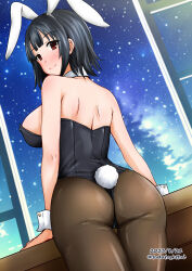Rule 34 | 1girl, alternate costume, animal ears, ass, black hair, black leotard, black pantyhose, breasts, bunny day, dated, detached collar, dutch angle, highres, kamiya tadato, kantai collection, large breasts, leotard, looking at viewer, looking back, night, night sky, pantyhose, playboy bunny, rabbit ears, rabbit tail, red eyes, short hair, sky, solo, strapless, strapless leotard, tail, takao (kancolle), thong leotard, twitter username, window, wrist cuffs