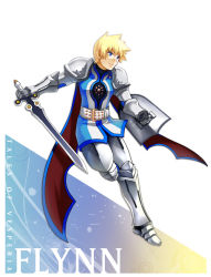 Rule 34 | 00s, 1boy, arisu shiria, armor, bad id, bad pixiv id, blonde hair, blue eyes, cape, character name, copyright name, flynn scifo, full armor, gauntlets, greaves, male focus, pauldrons, shield, shoulder armor, solo, surcoat, sword, tales of (series), tales of vesperia, weapon