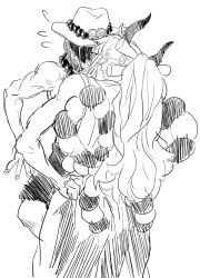 Rule 34 | 1boy, 1girl, assertive female, blush, breasts, femdom, flying sweatdrops, freckles, full-face blush, hat, height difference, horns, implied kiss, jewelry, large breasts, long hair, monochrome, necklace, one piece, oni, oni horns, portgas d. ace, rita ya, short hair, topless male, yamato (one piece)