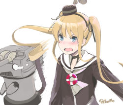 Rule 34 | &gt;:d, 1girl, :d, amatsukaze (kancolle), amatsukaze (kancolle) (cosplay), artist name, artist request, bad id, bad pixiv id, blonde hair, blue eyes, blush, commentary request, cosplay, crossover, fang, hat, kantai collection, lifebuoy, long hair, long sleeves, mini hat, open mouth, rensouhou-kun, retorillo, saenai heroine no sodatekata, sailor collar, sawamura spencer eriri, simple background, smile, swim ring, twintails, upper body, v-shaped eyebrows, white background