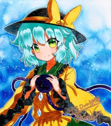 Rule 34 | 1girl, aqua hair, artist name, bad id, bad pixiv id, black hat, blouse, blue background, bow, closed mouth, collar, collared shirt, crystal, frilled shirt collar, frilled sleeves, frills, gradient background, green eyes, green skirt, hair between eyes, hands up, hat, hat bow, hat ribbon, holding, jewelry, komeiji koishi, long sleeves, looking at viewer, qqqrinkappp, ribbon, shikishi, shirt, short hair, signature, skirt, smile, solo, third eye, touhou, traditional media, upper body, wide sleeves, yellow bow, yellow shirt, yellow sleeves