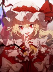 Rule 34 | &gt;:d, 1girl, :d, ascot, blonde hair, blood, blood from mouth, crystal, fangs, flandre scarlet, frilled shirt collar, frills, hair between eyes, hat, hat ribbon, highres, looking at viewer, mob cap, nail polish, no-kan, open mouth, puffy short sleeves, puffy sleeves, red eyes, red nails, red ribbon, red skirt, red vest, ribbon, short sleeves, side ponytail, skirt, skirt set, smile, solo, touhou, upper body, v-shaped eyebrows, vest, wings, wrist cuffs, yellow ascot