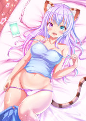 Rule 34 | 1girl, animal, animal ears, arm at side, bad id, bad pixiv id, bare shoulders, bed, bed sheet, bikini tan, blue eyes, blue skirt, blush, bow, bow panties, breasts, cat ears, cat tail, cellphone, collarbone, covered erect nipples, cowboy shot, dutch angle, heterochromia, highres, long hair, looking at viewer, lowleg, lying, medium breasts, midriff, navel, on back, open mouth, original, panties, panty pull, phone, pillow, pink eyes, pleated skirt, purple hair, skirt, skirt around one leg, smartphone, smile, solo, spaghetti strap, sparkle, tail, tan, tanline, tenzeru, underwear