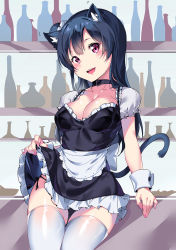 Rule 34 | 1girl, :d, animal ears, apron, arm support, black collar, black dress, black hair, black panties, blush, breasts, cat ears, cat girl, cat tail, cleavage, clothes lift, collar, collarbone, dress, dress lift, fingernails, frilled dress, frills, hair between eyes, hair bun, head tilt, highres, kemonomimi mode, lifting own clothes, long hair, looking at viewer, love live!, love live! school idol festival, love live! sunshine!!, medium breasts, nail polish, open mouth, panties, pink nails, puffy short sleeves, puffy sleeves, purple eyes, short sleeves, side-tie panties, side bun, single hair bun, single side bun, sitting, smile, solo, tail, teeth, tem10, thighhighs, tsushima yoshiko, underwear, upper teeth only, very long hair, waist apron, white apron, white thighhighs