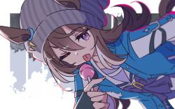 Rule 34 | 1girl, black gloves, blue jacket, bow, brown hair, candy, commentary request, dutch angle, ear ornament, fingerless gloves, food, gloves, grey background, hair between eyes, highres, holding, holding candy, holding food, holding lollipop, honkawa works, horse-drawn, horse girl, jacket, lollipop, long hair, looking at viewer, nakayama festa (umamusume), one eye closed, open clothes, open jacket, purple bow, purple eyes, purple shirt, sailor collar, school uniform, shirt, simple background, solo, tongue, tongue out, tracen school uniform, umamusume