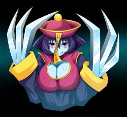Rule 34 | 1girl, blue skin, blush stickers, breasts, capcom, chinese clothes, claws, cleavage, cleavage cutout, clothing cutout, colored skin, flipped hair, hat, huge breasts, jiangshi, large breasts, lei lei, ofuda, purple hair, red eyes, shiny skin, short hair, smile, solo, tongue, tongue out, vampire (game), weapon, wide sleeves, yellow eyes