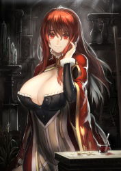 Rule 34 | 10s, 1girl, breasts, cape, cleavage, coin, cup, demon girl, dress, gold, hair between eyes, tucking hair, huge breasts, large breasts, light rays, long hair, looking at viewer, maou (maoyuu), maoyuu maou yuusha, red eyes, red hair, ryuuzaki ichi, smile, solo, spoon, sunbeam, sunlight, unaligned breasts, unbuttoned