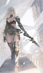 Rule 34 | boots, breasts, building, cleavage, cyborg, feather-trimmed sleeves, frenlyse, gloves, grey hair, highres, impossible clothes, large breasts, long hair, maeshima shigeki, mechanical arms, mechanical legs, multi-strapped bra, nier (series), nier reincarnation, prosthesis, prosthetic arm, prosthetic leg, purple eyes, single mechanical arm, single mechanical leg, thigh boots, thighhighs, thighs