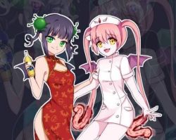 Rule 34 | 2girls, bottle, china dress, chinese clothes, corona-chan, corona (brand), coronavirus, dp6523, dress, ebola-chan, green eyes, lowres, multiple girls, personification, pink hair, tagme, twintails, wings, yellow eyes