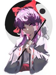 Rule 34 | 1girl, absurdres, bow, closed mouth, commentary, english commentary, gohei, hair bow, hair tubes, hakurei reimu, hakurei reimu (pc-98), highres, holding, japanese clothes, looking at viewer, medium hair, miko, orb, pink eyes, purple hair, red bow, ribbon-trimmed sleeves, ribbon trim, sidelocks, solo, touhou, touhou (pc-98), upper body, yin yang, yin yang orb, yuhel