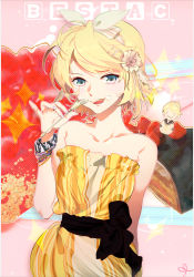 Rule 34 | 1girl, aqua eyes, bad id, bad pixiv id, bare shoulders, blonde hair, bracelet, brother and sister, dress, flower, fork, hair flower, hair ornament, hair ribbon, hairclip, jewelry, kagamine len, kagamine rin, ribbon, short hair, siblings, smile, solo, strapless, strapless dress, twins, vocaloid, zis
