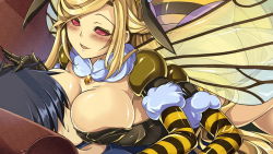 Rule 34 | 1boy, 1girl, ancient greek clothes, antennae, arthropod girl, artist request, bee girl, between breasts, black leotard, blonde hair, blush, breasts, chiton, cleavage, compound eyes, couch, extra arms, face between breasts, game cg, head between breasts, hetero, insect girl, insect wings, large breasts, leotard, long hair, lying on person, monster musume no iru nichijou, monster musume no iru nichijou online, neck ruff, official art, open mouth, queen (monster musume), striped clothes, striped thighhighs, swept bangs, thighhighs, wings