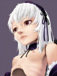 Rule 34 | 00s, 1girl, breasts, choker, doll joints, hairband, joints, long hair, nipples, purple eyes, rozen maiden, small breasts, solo, suigintou, undressing, white hair, wings, yoshinome
