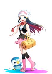 Rule 34 | 1girl, :d, absurdres, bad id, bad pixiv id, bag, black hair, black shirt, black socks, blue eyes, blush, boots, collarbone, creatures (company), dawn (pokemon), floating hair, full body, game freak, gen 4 pokemon, gradient hair, hat, highres, holding, holding bag, kneehighs, long hair, looking at viewer, miniskirt, multicolored hair, nintendo, open mouth, pink footwear, pink hair, pink skirt, piplup, pokemon, pokemon (creature), pokemon dppt, red scarf, scarf, shirt, simple background, skirt, sleeveless, sleeveless shirt, smile, socks, standing, two-tone hair, very long hair, white background, white hat, wristband, yuihico