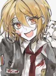 Rule 34 | 1girl, badge, black vest, blonde hair, blood, blood on face, blush stickers, collared shirt, don quixote (project moon), hand up, highres, limbus company, luull, necktie, open mouth, orange eyes, project moon, red necktie, shirt, simple background, smile, solo, vest, white background, white shirt