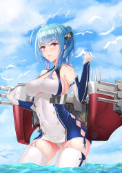 Rule 34 | 1girl, ahoge, azur lane, bare shoulders, blue hair, blush, breasts, cleavage, covered erect nipples, day, hentai kuwa, highres, large breasts, parted lips, pink eyes, solo, st. louis (azur lane), standing, thighhighs, wading, white thighhighs