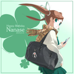 Rule 34 | artist request, bag, brown hair, cellphone, green eyes, happy birthday, nanase (under night in-birth), phone, scarf, skirt, solo, twintails, under night in-birth