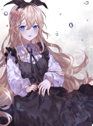 Rule 34 | 1girl, absurdres, amulet, black dress, black hairband, blonde hair, blouse, blue eyes, collared shirt, commentary request, dress, flower, gem, hair between eyes, hair flower, hair ornament, hairband, highres, iwai ku tsuki, jewelry, long hair, long sleeves, looking at viewer, necklace, original, pendant, pinafore dress, shirt, simple background, sitting, sleeveless dress, smile, solo, white background, white shirt