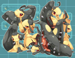 Rule 34 | 00s, aqua background, blush, character name, creatures (company), crossed arms, extra mouth, fake screenshot, game freak, gen 3 pokemon, health bar, mawile, multiple persona, nintendo, no humans, open mouth, own hands clasped, own hands together, pokemon, pokemon (creature), pokemon rse, red eyes, smile, ukan muri, v arms