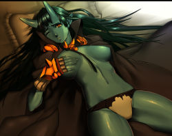 Rule 34 | 1girl, black hair, blue oni, blue skin, breasts, cape, colored skin, covering privates, covering breasts, demon girl, horns, large breasts, navel, one eye closed, oni, original, pocho (syuei), pointy ears, solo, wink, yellow eyes