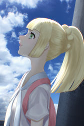 Rule 34 | 1girl, absurdres, anp2, backpack, bag, blonde hair, blunt bangs, braid, closed mouth, cloud, commentary request, creatures (company), day, eyelashes, french braid, from side, game freak, green eyes, high ponytail, highres, lillie (pokemon), long hair, looking up, nintendo, outdoors, pink bag, pokemon, pokemon sm, ponytail, shirt, short sleeves, sky, solo, upper body, white shirt