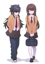 2girls absurdres ankle_socks annoyed bag black_eyes black_footwear black_hair black_pants blazer blue_bag brown_footwear brown_hair brown_skirt buttons chinese_commentary closed_eyes closed_mouth collared_jacket collared_shirt commentary_request death_note dot_nose eyelashes frown full_body furrowed_brow genderswap genderswap_(mtf) hair_between_eyes hands_in_pockets highres holding holding_bag jacket l_(death_note) lapels layered_sleeves long_hair long_sleeves looking_at_another messy_hair miniskirt multiple_girls necktie notched_lapels open_clothes open_jacket pants pleated_skirt red_necktie school_bag school_uniform shadow shirt shoes sidelocks simple_background skirt smile sneakers socks sweatpants tang0122 uwabaki very_long_hair walking white_background white_shirt white_socks yagami_light yellow_jacket