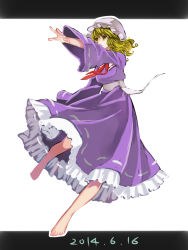 Rule 34 | 1girl, barefoot, blonde hair, dated, dress, frilled dress, frills, full body, hat, highres, letterboxed, long sleeves, maribel hearn, mob cap, namauni, purple dress, sash, simple background, skirt, solo, touhou, white background, yellow eyes