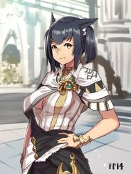 Rule 34 | 10s, 1girl, animal ears, warrior of light (ff14), black hair, bracelet, breasts, capelet, center opening, cleavage, final fantasy, final fantasy xiv, hand on own hip, houtengeki, jewelry, looking at viewer, miqo&#039;te, original, ring, short hair, smile, solo, upper body, yellow eyes