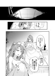 Rule 34 | 10s, 1girl, bed, blanket, bottle, breasts, collarbone, comic, cup, cushion, drinking glass, greyscale, hidori (hibi toridori), highres, kantai collection, long hair, monochrome, topless, translation request, waking up, wine bottle, wine glass, yuugumo (kancolle)