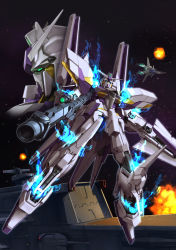 Rule 34 | beam rifle, blue fire, delta gundam kai, energy gun, explosion, fire, green eyes, gundam, highres, katsuragi hiyon, mecha, robot, space, star (sky), weapon