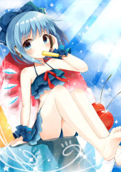 Rule 34 | 1girl, alternate costume, arm support, bare legs, barefoot, bikini, blue eyes, blue hair, bow, cherry, cirno, collarbone, feet, food, frilled swimsuit, frills, fruit, hair bow, hair ribbon, head rest, headphones, headrest, ice, ice wings, looking at viewer, matching hair/eyes, mouth hold, navel, popsicle, ribbon, shaved ice, sitting, solo, swimsuit, touhou, wings, wrist cuffs, yon (letter)
