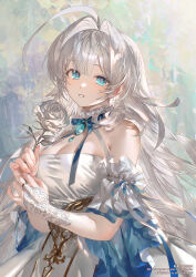 Rule 34 | 1girl, absurdres, ahoge, armpit crease, bare shoulders, blue eyes, blue ribbon, blush, breasts, bridal gauntlets, brooch, cleavage, cowboy shot, detached sleeves, dress, flower, gloves, grin, halterneck, highres, holding, holding flower, jewelry, large breasts, long bangs, long hair, looking at viewer, mole, mole under eye, neck ribbon, original, own hands together, parted lips, raised eyebrows, ribbon, ring, rose, sidelocks, sleeveless, sleeveless dress, smile, solo, teeth, watermark, white dress, white flower, white gloves, white hair, white rose, white sleeves, yunikon