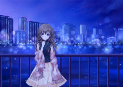 Rule 34 | 1girl, bad id, bad pixiv id, blue eyes, blue moment, blue theme, blush, brown hair, city lights, closed mouth, earrings, jewelry, lens flare, looking at viewer, necklace, night, original, outdoors, railing, ribbed sweater, sleeveless, sleeveless sweater, smile, solo, star (sky), sweater, wavy hair