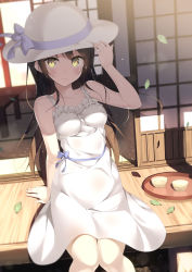Rule 34 | 1girl, absurdres, arm support, bare shoulders, blue bow, blurry, blush, bow, breasts, closed mouth, collarbone, commentary request, day, depth of field, dress, hand on headwear, hand up, hat, hat bow, hatsuki kaname, highres, leaf, legs together, long hair, looking at viewer, original, outdoors, sitting, sliding doors, small breasts, solo, sundress, sunlight, table, veranda, very long hair, white dress, wind, yellow eyes
