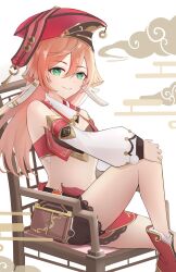 Rule 34 | 1girl, bare shoulders, black shorts, boots, chair, commentary, crop top, detached sleeves, feet out of frame, genshin impact, green eyes, highres, knee up, long hair, long sleeves, midriff, pink hair, pom pom (clothes), red footwear, red headwear, short shorts, shorts, sitting, solo, stomach, thighs, white background, yanfei (genshin impact), yoke (yoke mochi)
