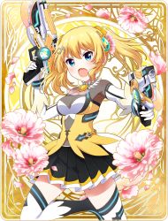 Rule 34 | 10s, 1girl, angry, armpits, battle girl high school, blonde hair, blue eyes, breasts, cleavage, dual wielding, flower, fortissimo, gloves, gun, hair ornament, handgun, highres, holding, kougami kanon, long hair, medium breasts, musical note, musical note hair ornament, official art, open mouth, petals, pistol, skirt, solo, thighhighs, twintails, weapon