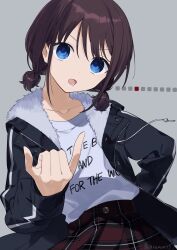 Rule 34 | 1girl, black jacket, blue eyes, brown hair, collarbone, commentary, cowboy shot, girls band cry, grey background, highres, hood, hood down, hooded jacket, iseri nina, jacket, long sleeves, looking at viewer, low twintails, lower teeth only, mari (rodoney-kiara), open clothes, open jacket, open mouth, pinky out, plaid, plaid skirt, red skirt, shirt, shirt tucked in, short hair, short twintails, sidelocks, signature, simple background, skirt, solo, teeth, twintails, white shirt, zipper