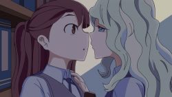 Rule 34 | 2girls, animated, animated gif, artist request, bad id, blonde hair, blue eyes, book, brown hair, closed eyes, diana cavendish, french kiss, half-closed eyes, hand on another&#039;s shoulder, holding, holding book, kagari atsuko, kiss, library, little witch academia, long hair, looking at another, luna nova school uniform, multicolored hair, multiple girls, red eyes, school uniform, short ponytail, tongue, two-tone hair, wavy hair, yuri
