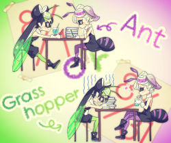Rule 34 | 2girls, ant, antennae, black dress, black hair, blush stickers, boots, bug, calendar (object), callie (splatoon), chair, closed eyes, cosplay, crossed legs, detached collar, dress, drink, drinking, drinking straw, earrings, english text, food, food on head, from side, glass, grasshopper, green legwear, handheld game console, highres, holding, inkling, insect, jewelry, long hair, marie (splatoon), multiple girls, musical note, nintendo, object on head, pantyhose, pencil, playing games, puchiman, purple legwear, quaver, reading, short hair, short jumpsuit, sitting, smile, splatoon (series), splatoon 1, strapless, strapless dress, studying, sweatdrop, table, tearing up, wings