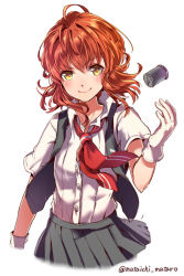Rule 34 | 10s, 1girl, ahoge, arashi (kancolle), blouse, blurry, check commentary, commentary request, depth charge, depth of field, gloves, grey skirt, kantai collection, kerchief, looking at viewer, mataichi mataro, messy hair, pleated skirt, red hair, school uniform, serafuku, shirt, simple background, skirt, smile, solo, twitter username, vest, white background, white gloves, yellow eyes