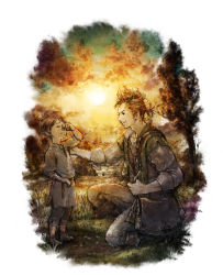 Rule 34 | 2boys, absurdres, alfyn (octopath traveler), bag, brown hair, crying, highres, kneeling, looking at another, male focus, multiple boys, octopath traveler, octopath traveler i, official art, on one knee, project octopath traveler, smile, square enix, sunset, tree, yoshida akihiko