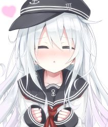 Rule 34 | 10s, 1girl, absurdres, anchor symbol, blush, clenched hands, collarbone, come hither, closed eyes, flat cap, hat, heart, hibiki (kancolle), highres, incoming kiss, kantai collection, long hair, long sleeves, neckerchief, school uniform, serafuku, silver hair, solo, upper body, yamiarisu
