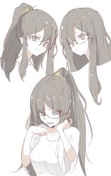 Rule 34 | 10s, 1girl, breasts, brown scrunchie, closed mouth, collarbone, crying, crying with eyes open, futaba rio, glasses, hair between eyes, hair ornament, hair scrunchie, hands up, head tilt, high ponytail, highres, medium breasts, multiple views, ponytail, scrunchie, seishun buta yarou, shirousa, shirt, short sleeves, simple background, smile, tears, white background, white shirt
