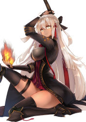 Rule 34 | 1girl, ahoge, arm guards, arm up, armor, black bow, black coat, black legwear, bow, breasts, closed mouth, coat, commentary request, dark-skinned female, dark skin, fate/grand order, fate (series), fire, hair between eyes, hair bow, hair ornament, highres, holding flame, japanese armor, jazztaki, katana, knee up, large breasts, long hair, looking at viewer, okita souji (fate), okita souji alter (fate), red skirt, silver hair, simple background, sitting, skirt, solo, suneate, sword, thigh strap, thighs, underboob, very long hair, weapon, white background, yellow eyes