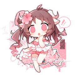 Rule 34 | !, !!, 1girl, :o, animal ears, anklet, antenna hair, arknights, artist name, bikini, bridal garter, brown hair, chibi, eyjafjalla (arknights), eyjafjalla (summer flower) (arknights), flower, hair flower, hair ornament, horns, jewelry, leg up, long hair, official alternate costume, pink bikini, pink eyes, pink flower, renren, sarong, sheep ears, sheep girl, sheep horns, simple background, solo, spoken exclamation mark, standing, standing on one leg, swimsuit, white background, white sarong