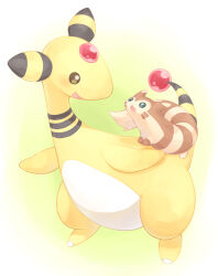 Rule 34 | :d, ampharos, brown eyes, commentary request, creatures (company), eye contact, furret, game freak, gem, gen 2 pokemon, green eyes, happy, looking at another, nintendo, no humans, open mouth, pokemon, pokemon (creature), putto, red gemstone, smile